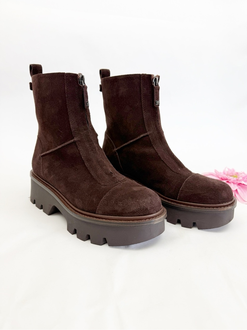 Sam Edelman Cooper Lug Sole Bootie Ankle Boots Chocolate Brown Suede Leather Zip